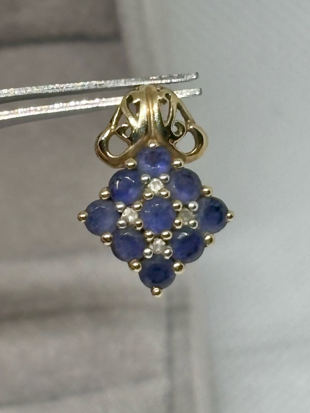 Vintage 9K Gold Drop Pendant with Iolites & Diamond
